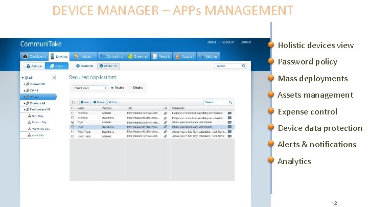 DEVICE MANAGER – APPs MANAGEMENT Holistic devices view Password policy Mass deployments Assets management