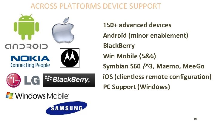 ACROSS PLATFORMS DEVICE SUPPORT 150+ advanced devices Android (minor enablement) Black. Berry Win Mobile