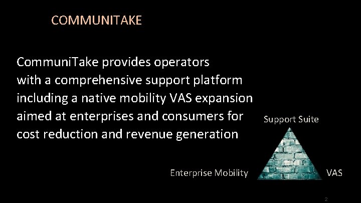 COMMUNITAKE Communi. Take provides operators with a comprehensive support platform including a native mobility