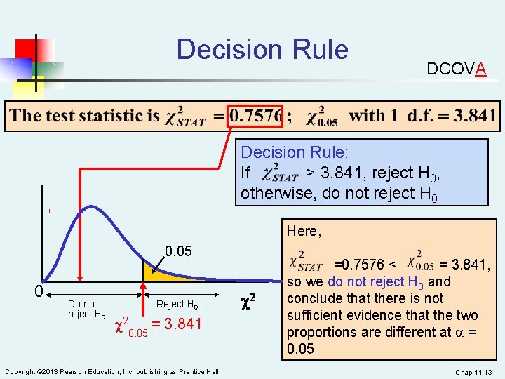 Decision Rule DCOVA Decision Rule: If > 3. 841, reject H 0, otherwise, do