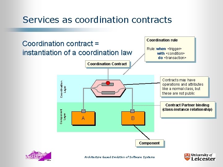 Services as coordination contracts Coordination contract = instantiation of a coordination law Coordination rule