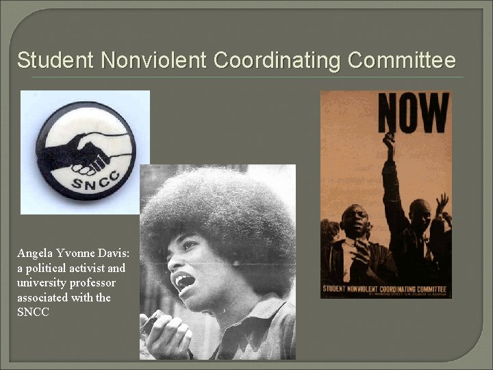 Student Nonviolent Coordinating Committee Angela Yvonne Davis: a political activist and university professor associated