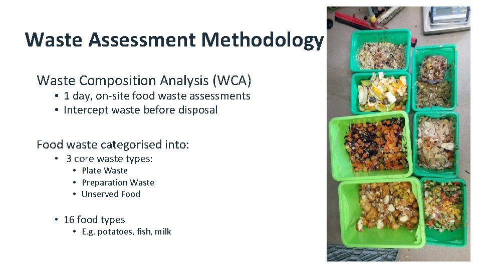 Waste Assessment Methodology Waste Composition Analysis (WCA) • 1 day, on-site food waste assessments