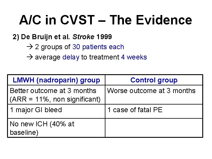 A/C in CVST – The Evidence 2) De Bruijn et al. Stroke 1999 2