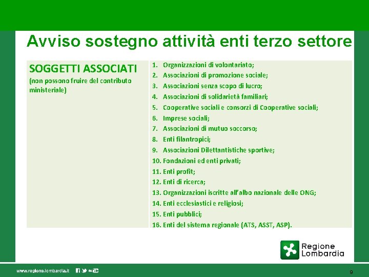 Avviso sostegno attività enti terzo settore SOGGETTI ASSOCIATI (non possono fruire del contributo ministeriale)