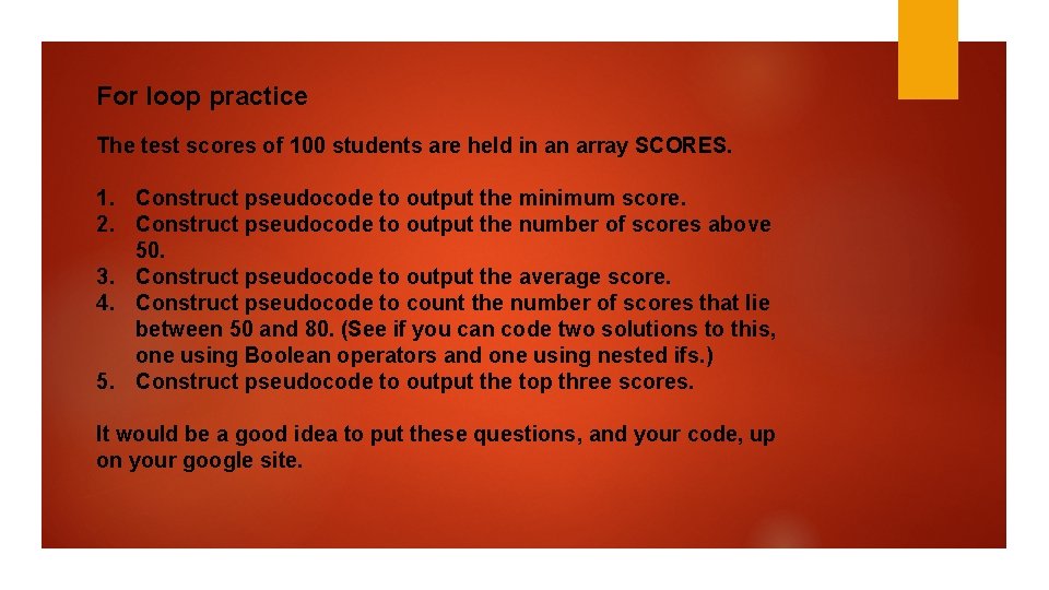 For loop practice The test scores of 100 students are held in an array