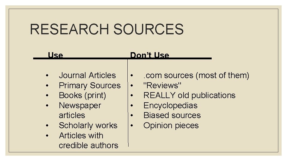 RESEARCH SOURCES Use Don’t Use • • • Journal Articles Primary Sources Books (print)