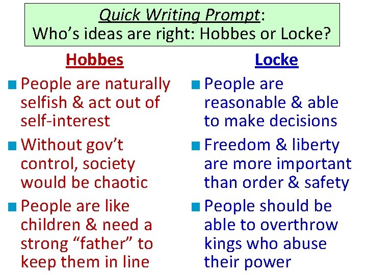 Quick Writing Prompt: Who’s ideas are right: Hobbes or Locke? Hobbes Locke ■ People