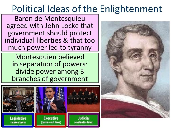 Political Ideas of the Enlightenment Baron de Montesquieu agreed with John Locke that government