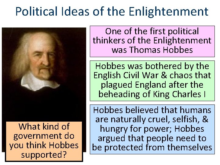 Political Ideas of the Enlightenment One of the first political thinkers of the Enlightenment