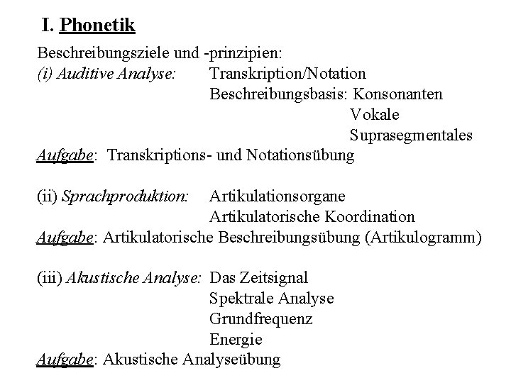 I. Phonetik Beschreibungsziele und -prinzipien: (i) Auditive Analyse: Transkription/Notation Beschreibungsbasis: Konsonanten Vokale Suprasegmentales Aufgabe: