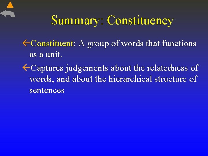 Summary: Constituency Constituent: A group of words that functions as a unit. Captures judgements