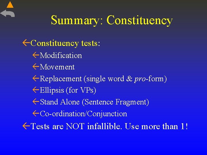 Summary: Constituency tests: Modification Movement Replacement (single word & pro-form) Ellipsis (for VPs) Stand