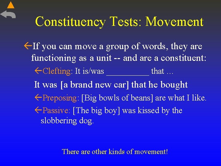 Constituency Tests: Movement If you can move a group of words, they are functioning