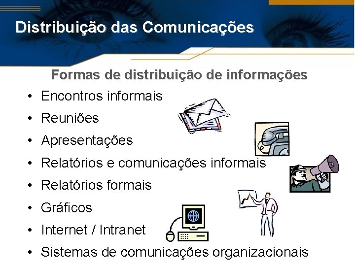 Distribuição das Comunicações Formas de distribuição de informações • Encontros informais • Reuniões •