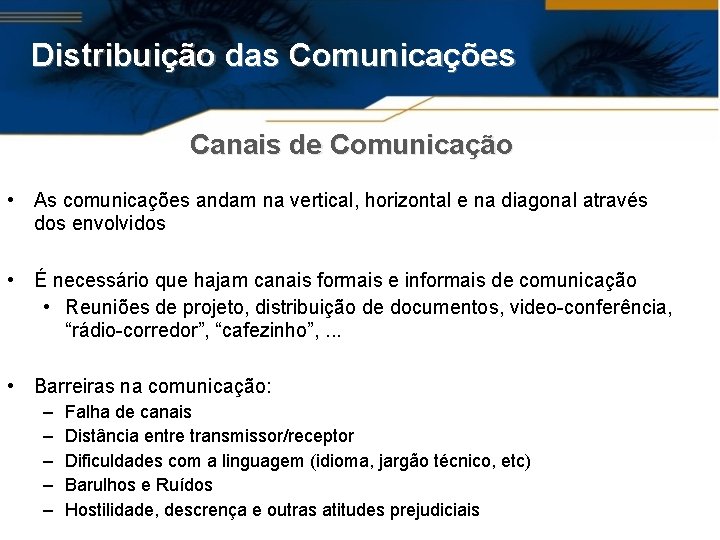 Distribuição das Comunicações Canais de Comunicação • As comunicações andam na vertical, horizontal e