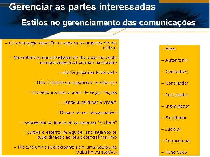 Gerenciar as partes interessadas Estilos no gerenciamento das comunicações – Dá orientação específica e