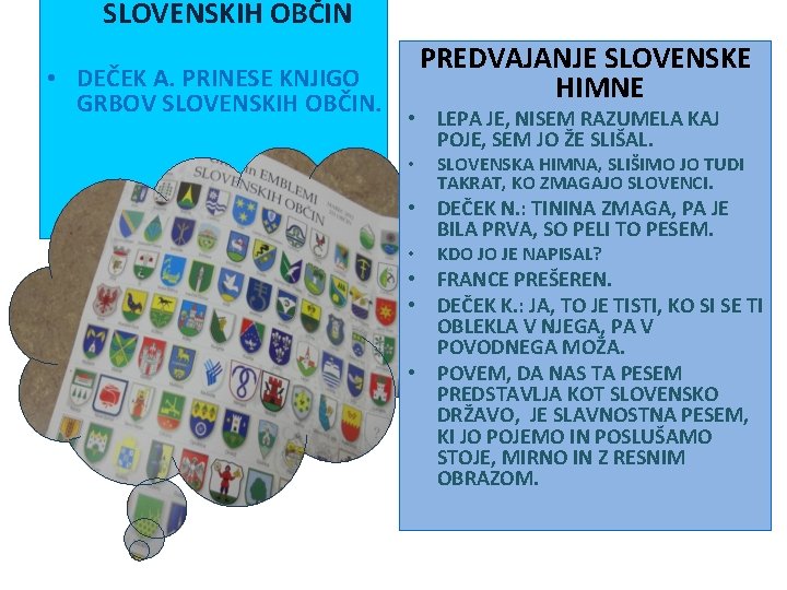 SLOVENSKIH OBČIN PREDVAJANJE SLOVENSKE HIMNE • DEČEK A. PRINESE KNJIGO GRBOV SLOVENSKIH OBČIN. •