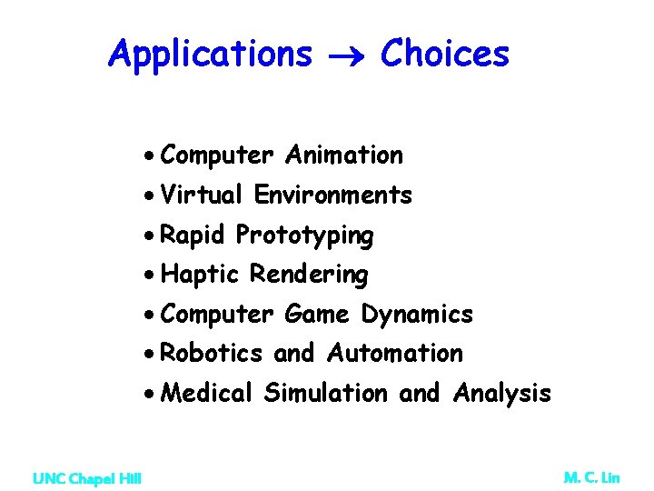 Applications Choices · Computer Animation · Virtual Environments · Rapid Prototyping · Haptic Rendering Applications Choices · Computer Animation · Virtual Environments · Rapid Prototyping · Haptic Rendering