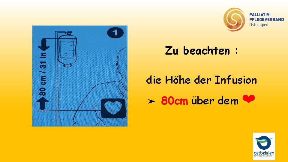 Zu beachten : die Höhe der Infusion ➤ 80 cm über dem ❤ 
