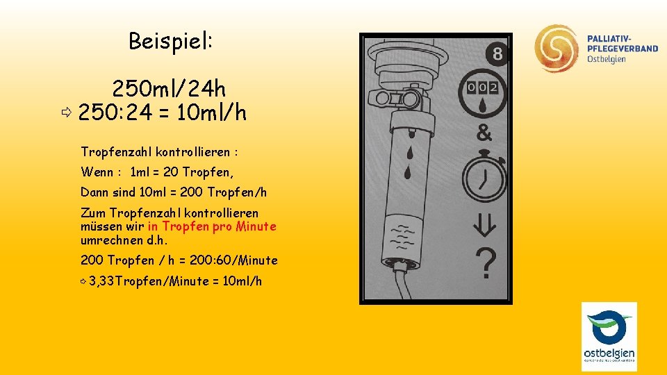 Beispiel: 250 ml/24 h ⇨ 250: 24 = 10 ml/h Tropfenzahl kontrollieren : Wenn