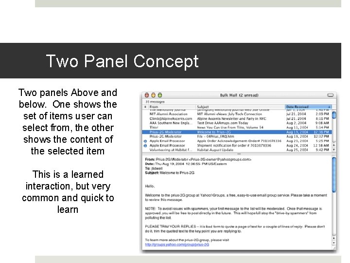 Two Panel Concept Two panels Above and below. One shows the set of items