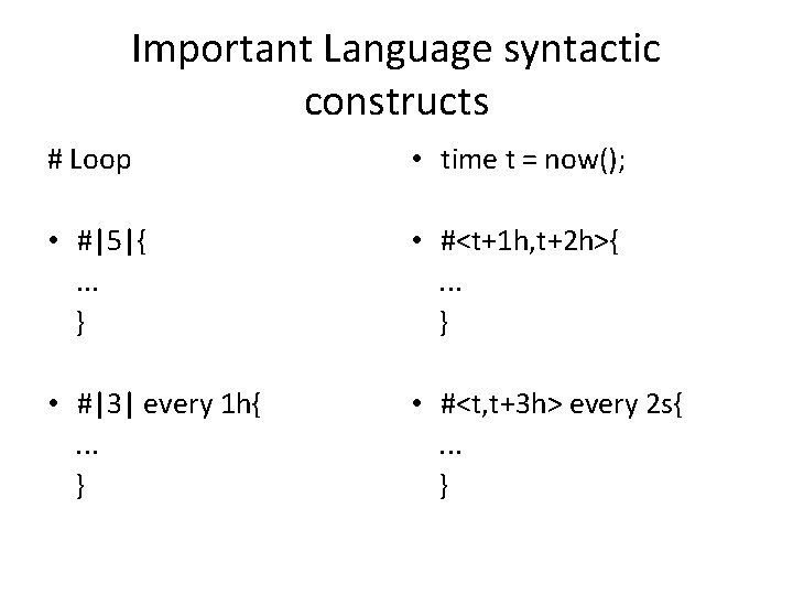 Important Language syntactic constructs # Loop • time t = now(); • #|5|{. .