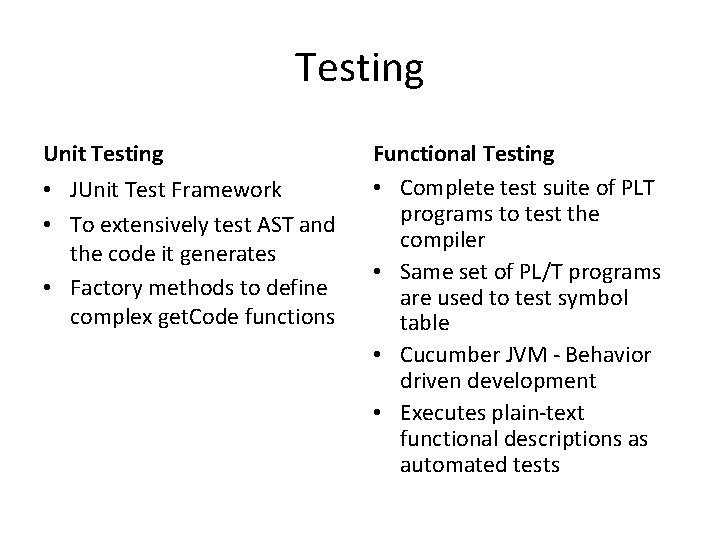 Testing Unit Testing • JUnit Test Framework • To extensively test AST and the