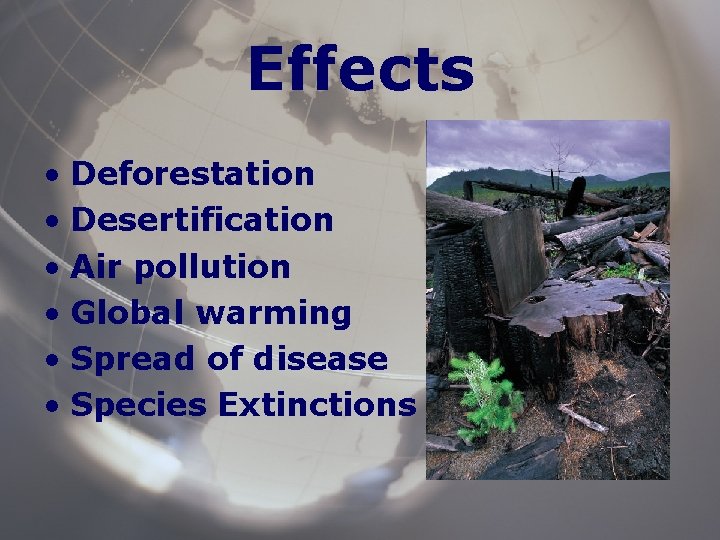 Effects • Deforestation • Desertification • Air pollution • Global warming • Spread of