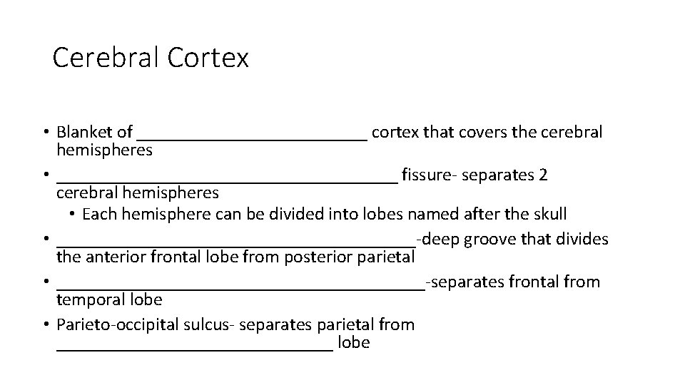 Cerebral Cortex • Blanket of _____________ cortex that covers the cerebral hemispheres • ___________________ Cerebral Cortex • Blanket of _____________ cortex that covers the cerebral hemispheres • ___________________
