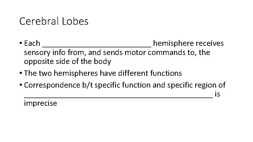 Cerebral Lobes • Each _____________ hemisphere receives sensory info from, and sends motor commands Cerebral Lobes • Each _____________ hemisphere receives sensory info from, and sends motor commands