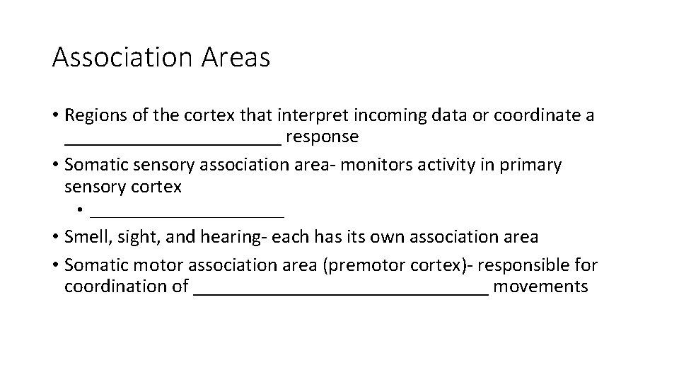 Association Areas • Regions of the cortex that interpret incoming data or coordinate a Association Areas • Regions of the cortex that interpret incoming data or coordinate a