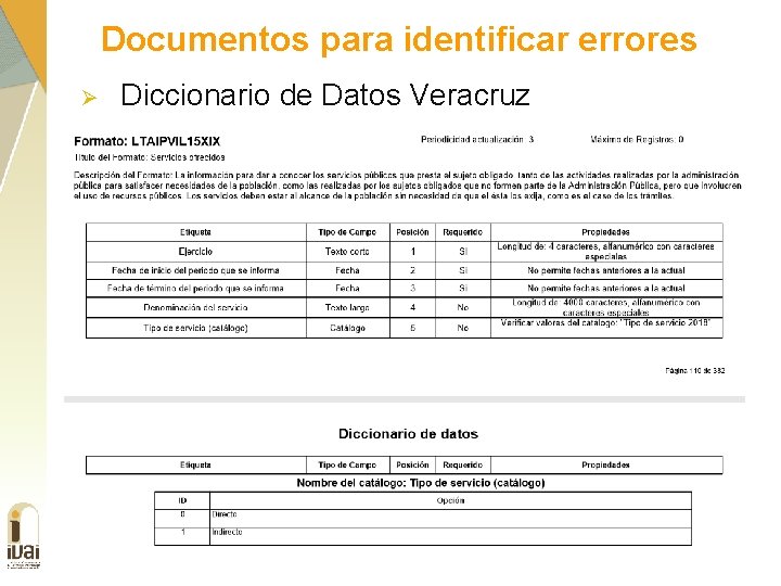 Documentos para identificar errores Ø Diccionario de Datos Veracruz 