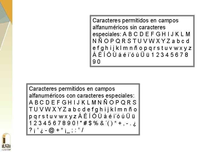 Caracteres permitidos en campos alfanuméricos sin caracteres especiales: A B C D E F