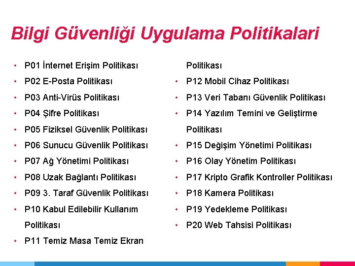 Bilgi Güvenliği Uygulama Politikalari • P 01 İnternet Erişim Politikası • P 02 E-Posta