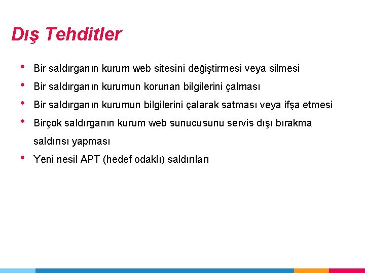 Dış Tehditler • • Bir saldırganın kurum web sitesini değiştirmesi veya silmesi Bir saldırganın