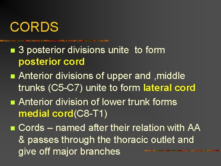 CORDS n n 3 posterior divisions unite to form posterior cord Anterior divisions of