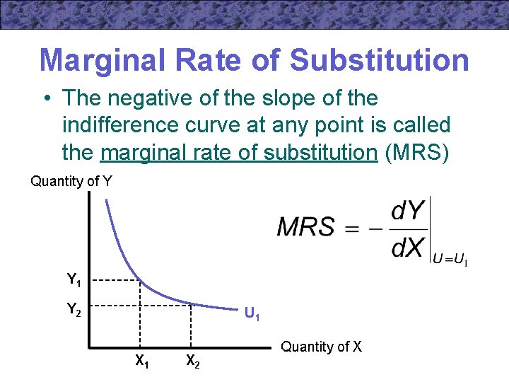 Marginal Rate of Substitution • The negative of the slope of the indifference curve