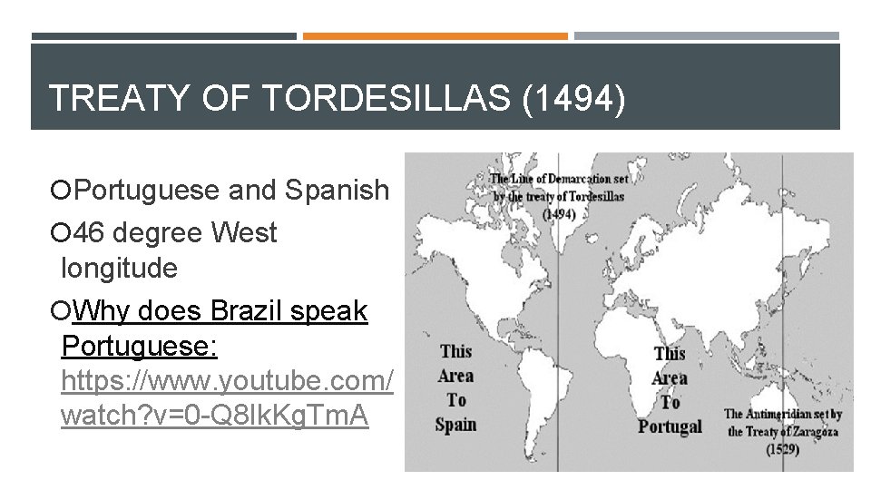 TREATY OF TORDESILLAS (1494) Portuguese and Spanish 46 degree West longitude Why does Brazil