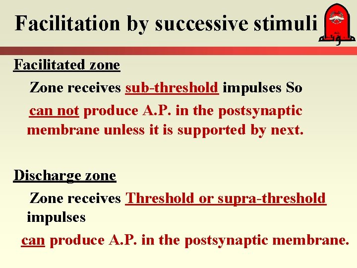 Facilitation by successive stimuli Facilitated zone Zone receives sub-threshold impulses So can not produce
