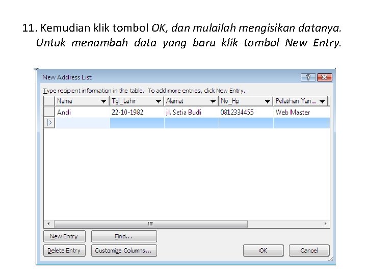 11. Kemudian klik tombol OK, dan mulailah mengisikan datanya. Untuk menambah data yang baru