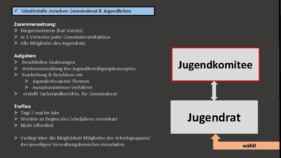 ü Schnittstelle zwischen Gemeinderat & Jugendlichen Zusammensetzung: Ø Bürgermeisterin (hat Vorsitz) Ø Je 1