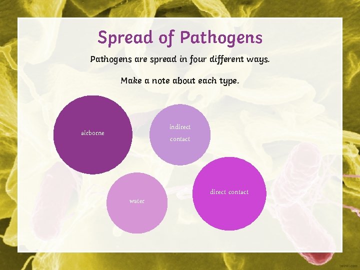 Spread of Pathogens are spread in four different ways. Make a note about each