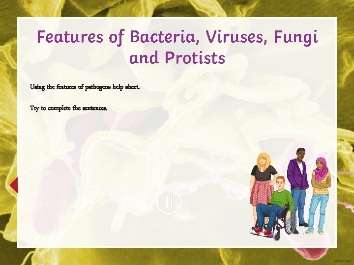 Features of Bacteria, Viruses, Fungi and Protists Using the features of pathogens help sheet.