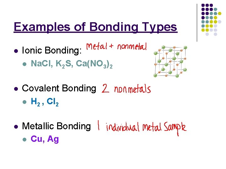 Examples of Bonding Types l Ionic Bonding: l l Covalent Bonding l l Na.