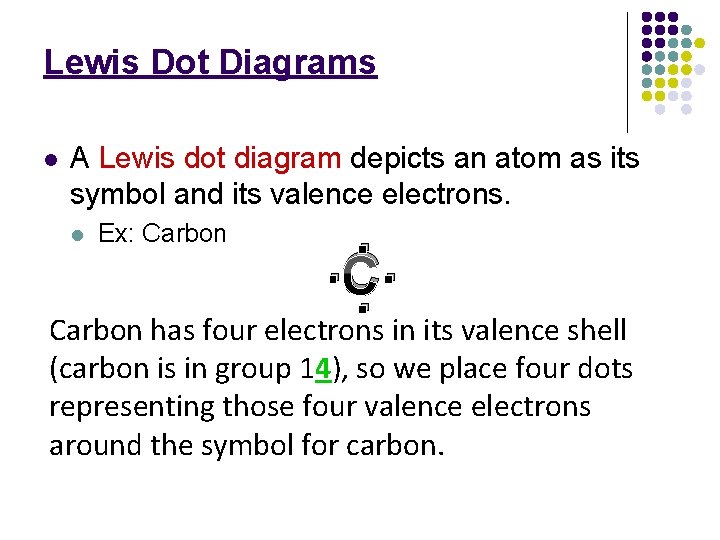 Lewis Dot Diagrams l A Lewis dot diagram depicts an atom as its symbol