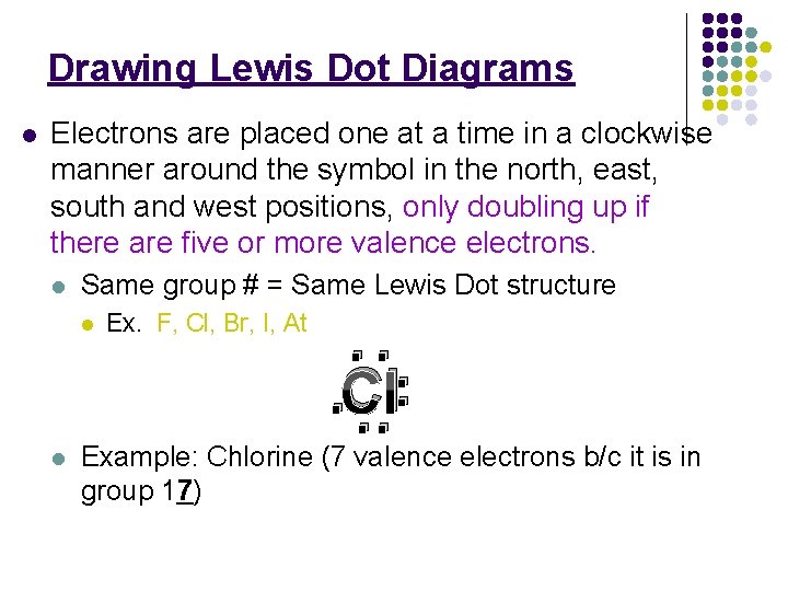Drawing Lewis Dot Diagrams l Electrons are placed one at a time in a