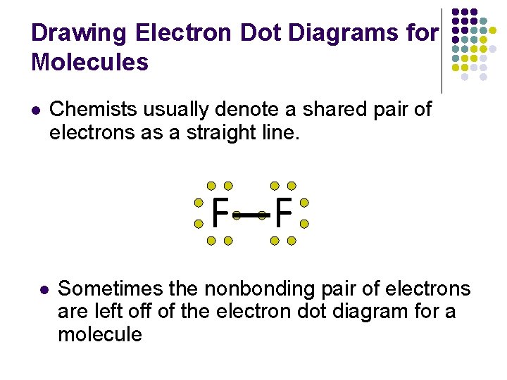 Drawing Electron Dot Diagrams for Molecules l Chemists usually denote a shared pair of