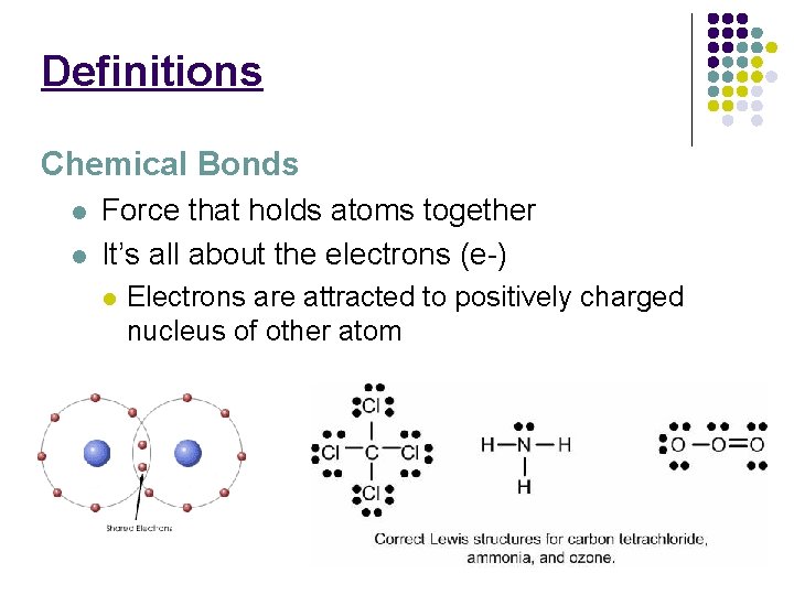Definitions Chemical Bonds l l Force that holds atoms together It’s all about the