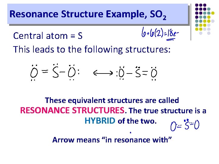 Resonance Structure Example, SO 2 Central atom = S This leads to the following